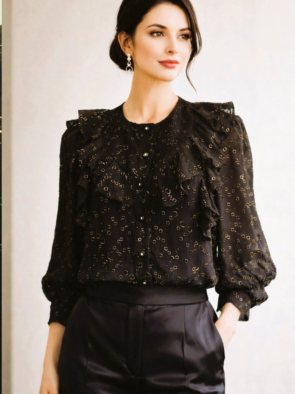 ESPRIT Ruffled Black Metallic Gold Ring Pattern 3/4 Sleeve Chiffon Blouse Sz 6